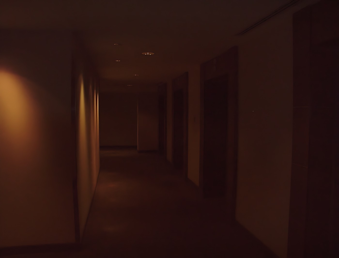 Long, narrow hallway with a dark and eerie atmosphere