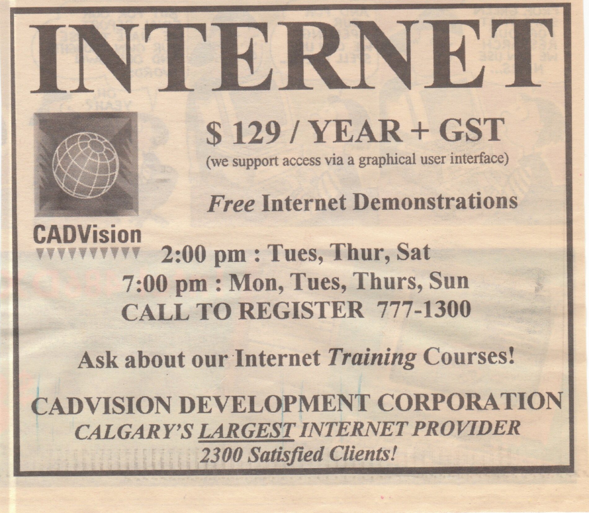 Newspaper ad — "$129/year, Free Internet Demonstrations, 2300 Satisfied Clients"