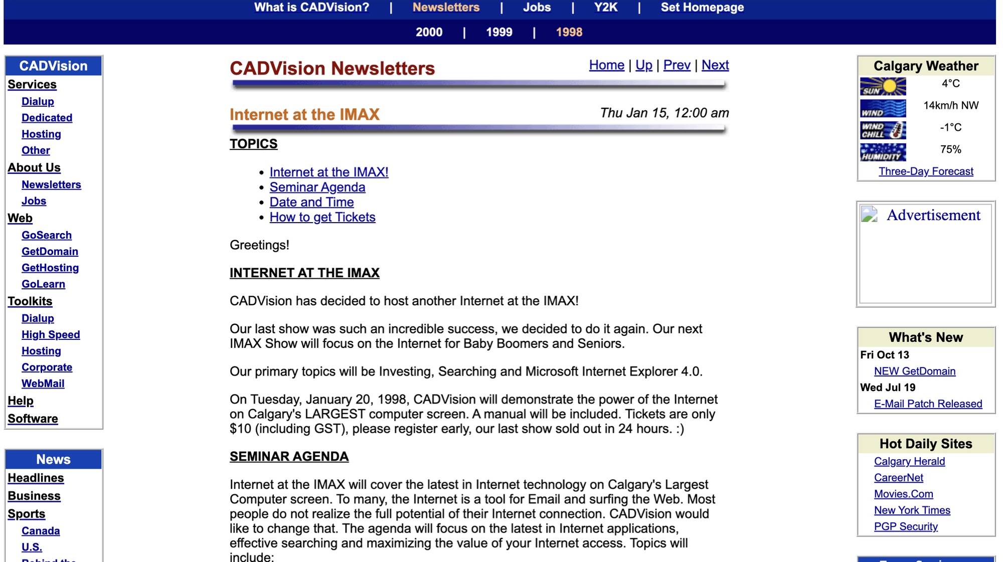 CADVision Newsletters — "Internet at the IMAX" (Jan 1998)
