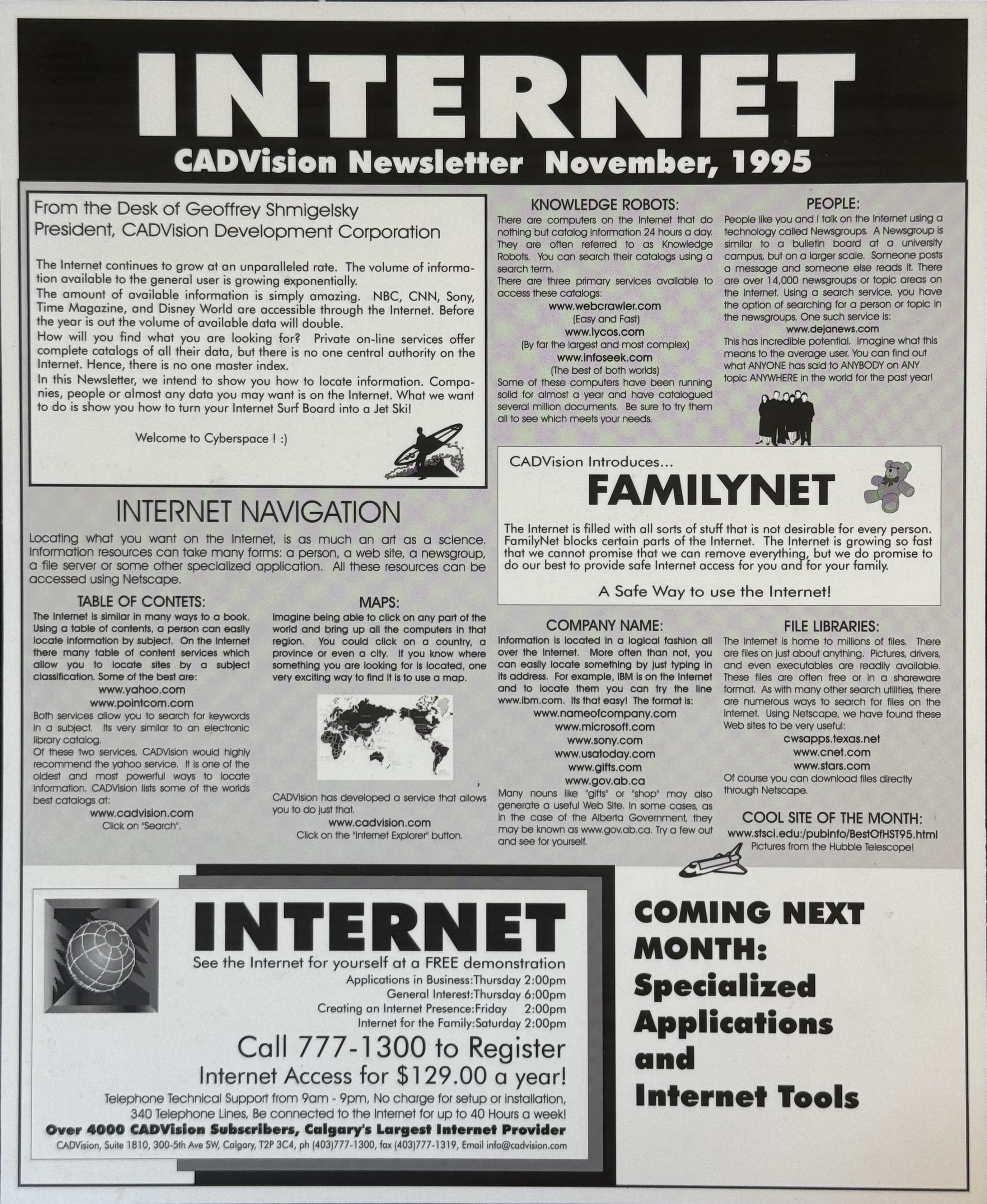 CADVision Newsletter — November 1995: Internet navigation, and the FamilyNet announcement