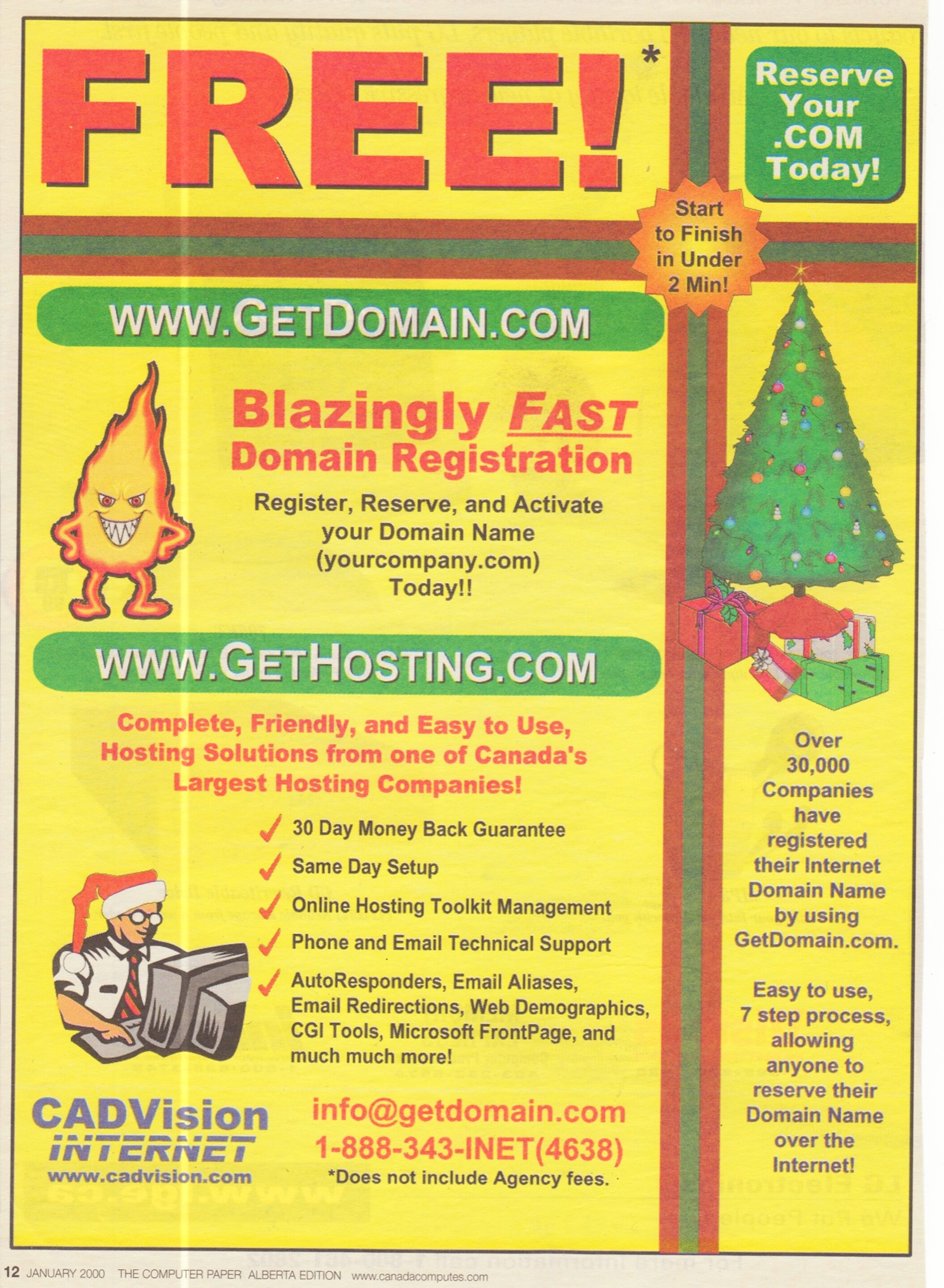 GetDomain & GetHosting — the Christmas “Reserve Your .COM” ad (Jan 2000)