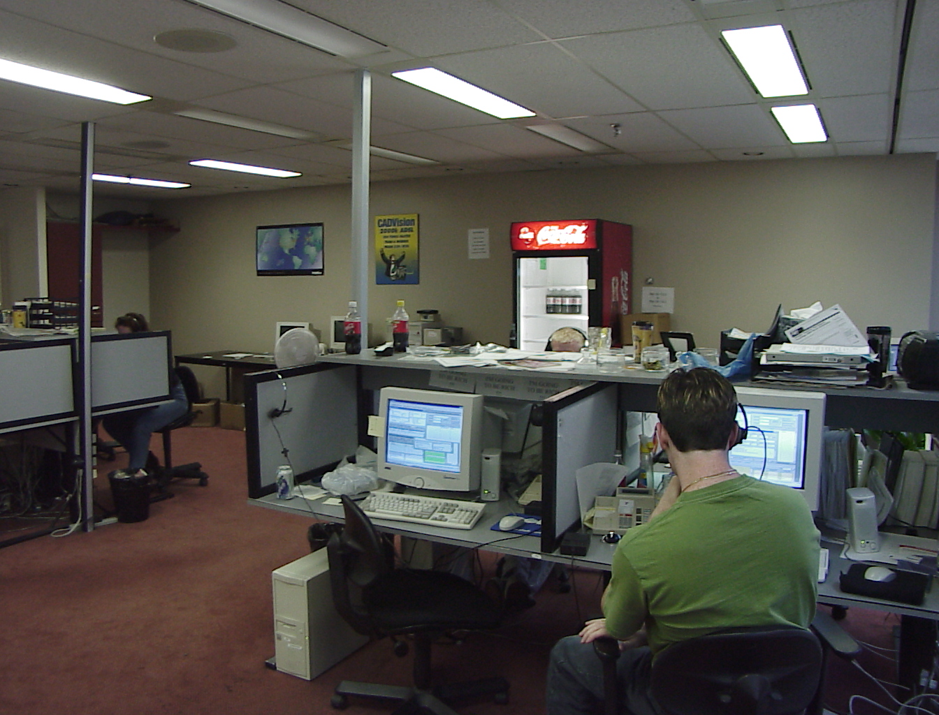 The support desks — Coke fridge and all