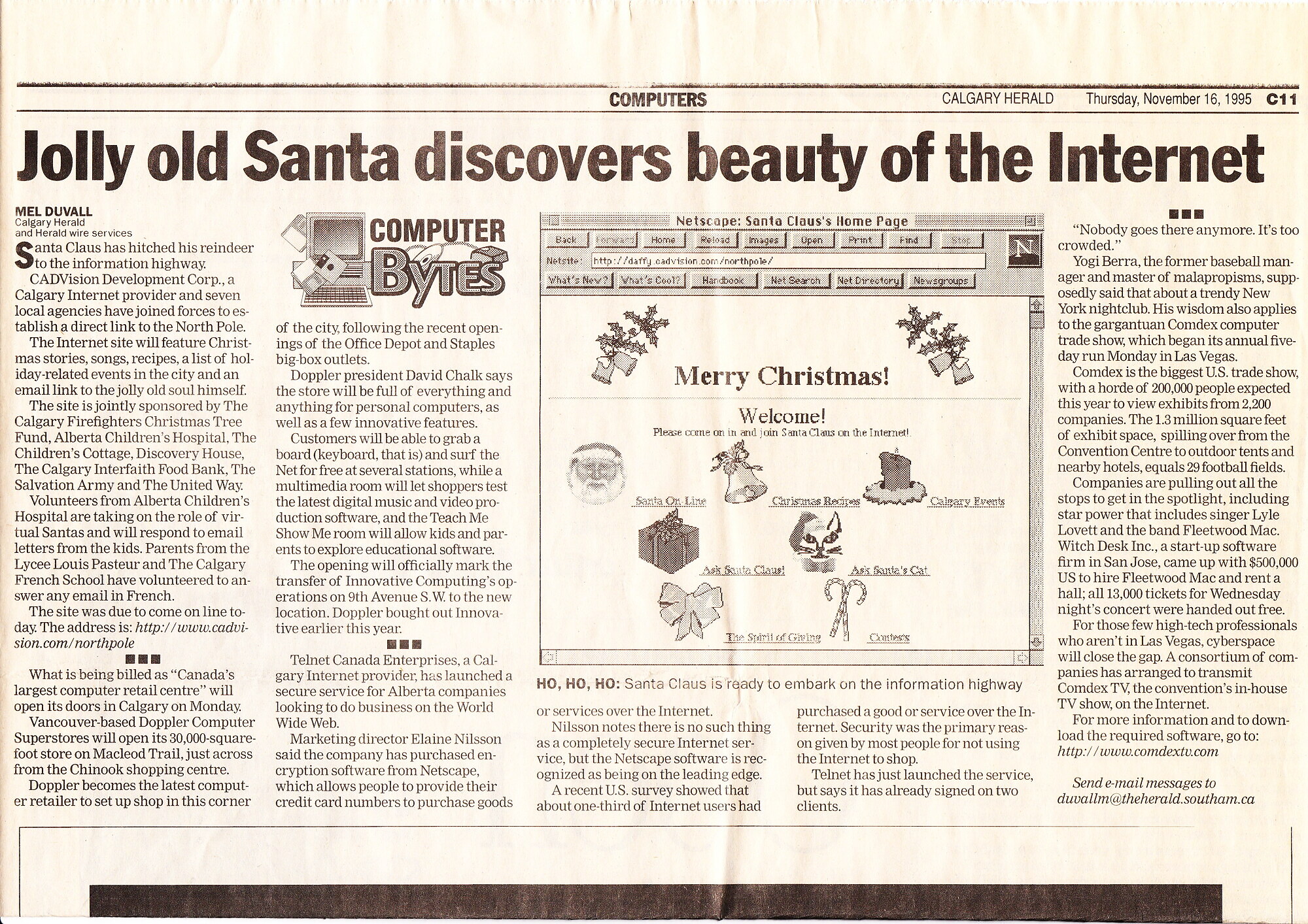 Jolly old Santa discovers beauty of the Internet — Mel Duvall, Calgary Herald, 1994