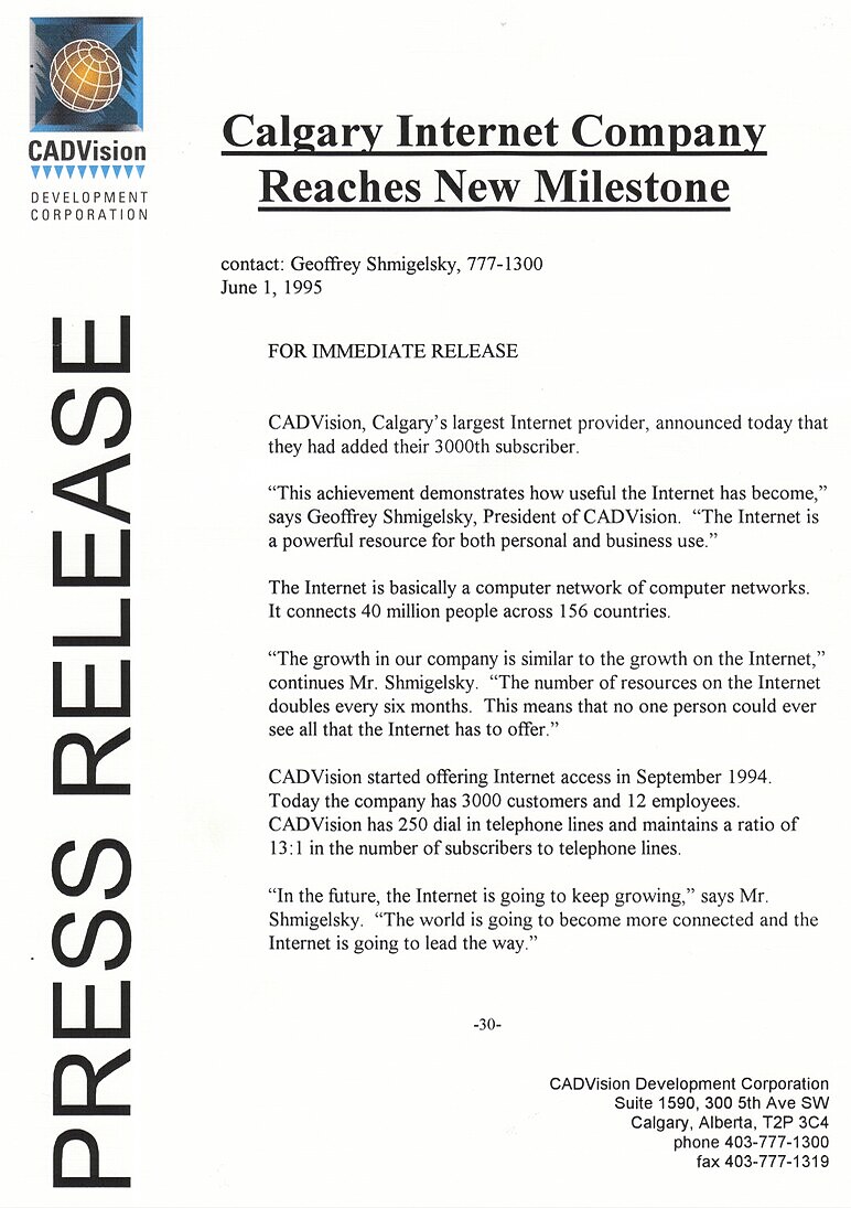 Press release — "3,000 Customers" (Jun 1, 1995)