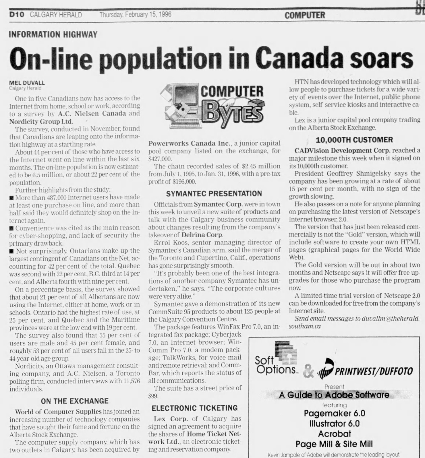 On-line population in Canada soars (CADVision’s 10,000th customer) — Calgary Herald, Feb 15, 1996, D10