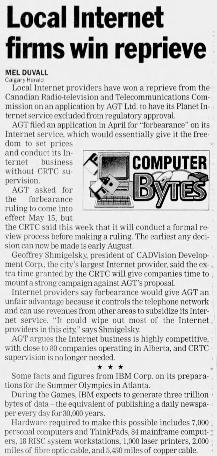 Local Internet firms win reprieve — Mel Duvall, Calgary Herald, 1996