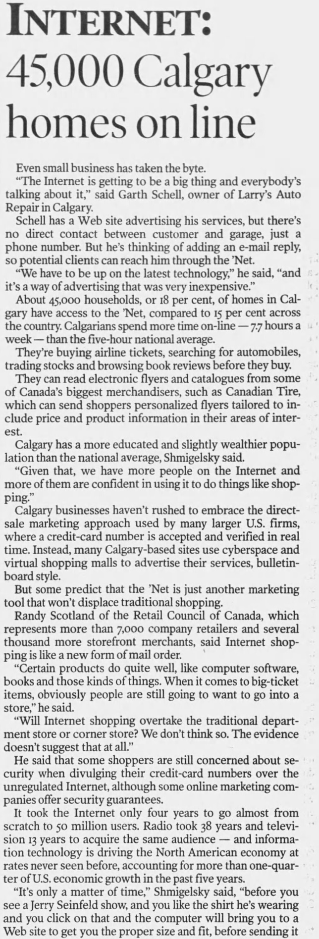 Internet: 45,000 Calgary homes on line — Calgary Herald, Apr 18, 1998