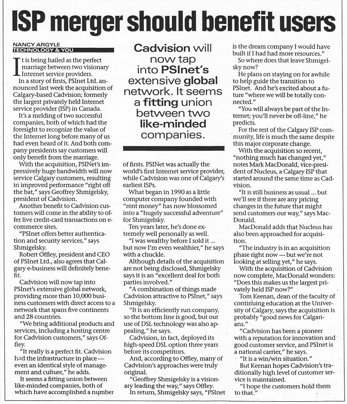 ISP merger should benefit users — Nancy Argyle, Calgary Herald, 2000